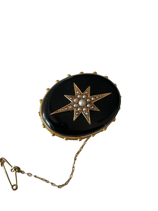Victorian 15K Gold Onyx & Seed Pearl Star Brooch