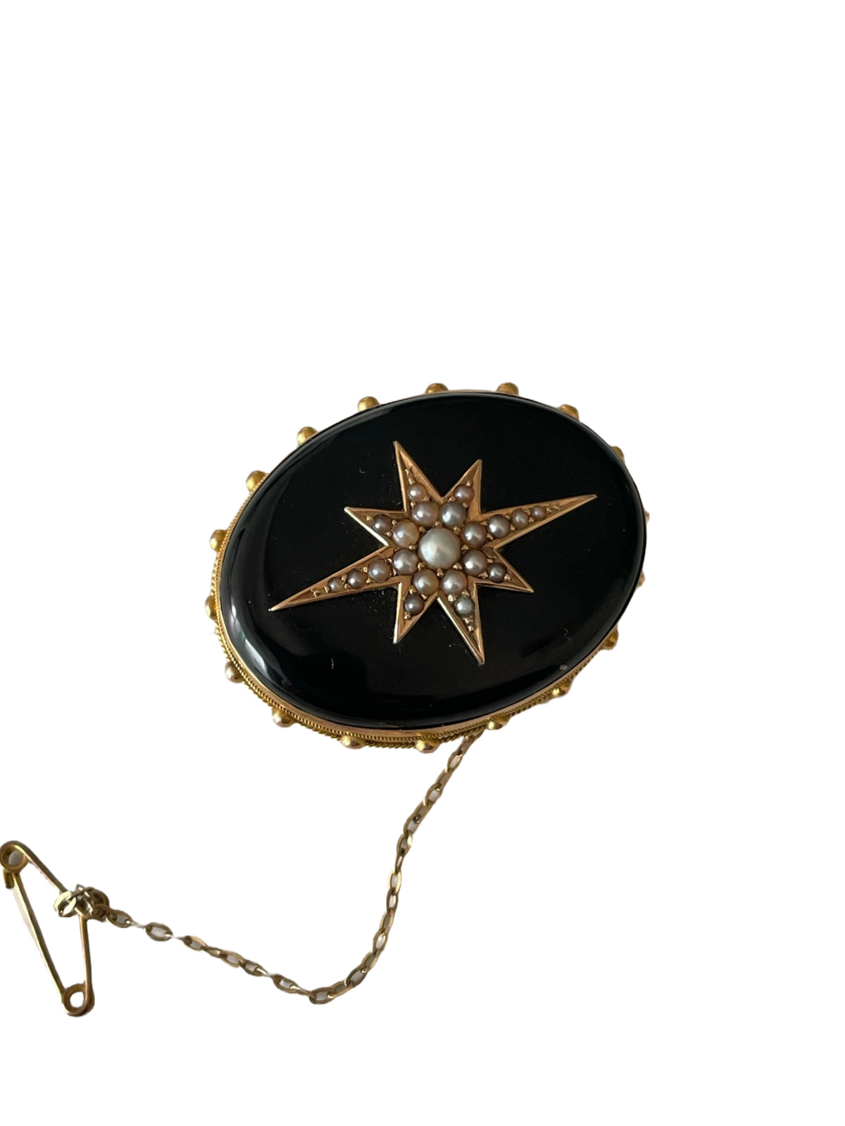 Victorian 15K Gold Onyx & Seed Pearl Star Brooch