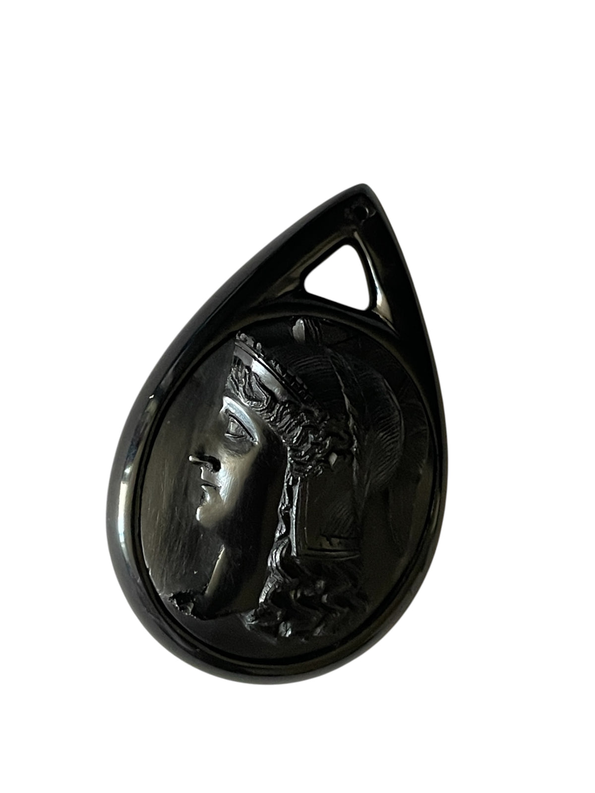 Rare Victorian Vulcanite Athena Tear Drop Cameo Pendant