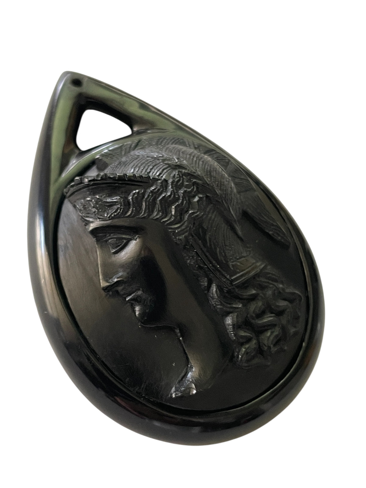 Rare Victorian Vulcanite Athena Tear Drop Cameo Pendant