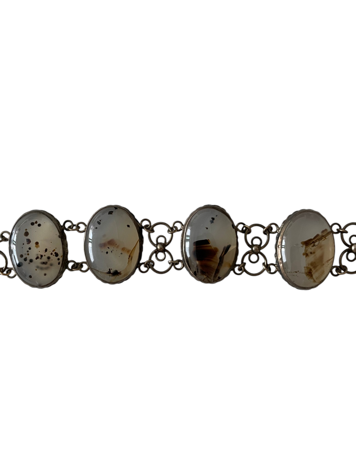 Original 1950s Mid-Century Vintage Natural Moss Agate Bold Cabochon Link Bracelet